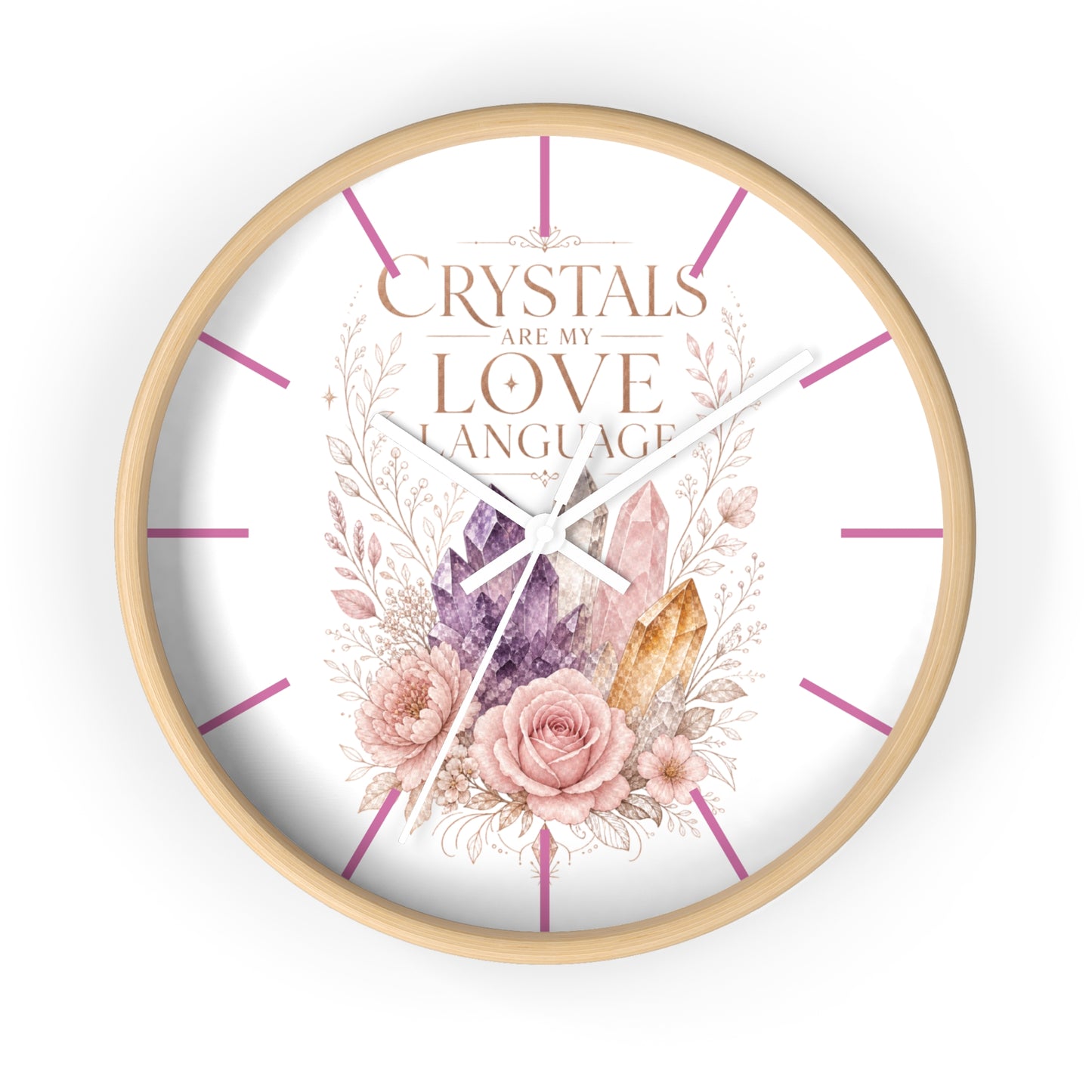 Wall Clock — "Crystals Are My Love Language" Floral Boho Crystal Clock