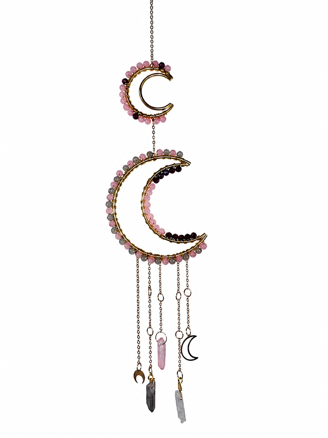 Rose Quartz & Smoky Quartz Crescent Moon Crystal Sun Catcher | Handmade Celestial Window Hanging