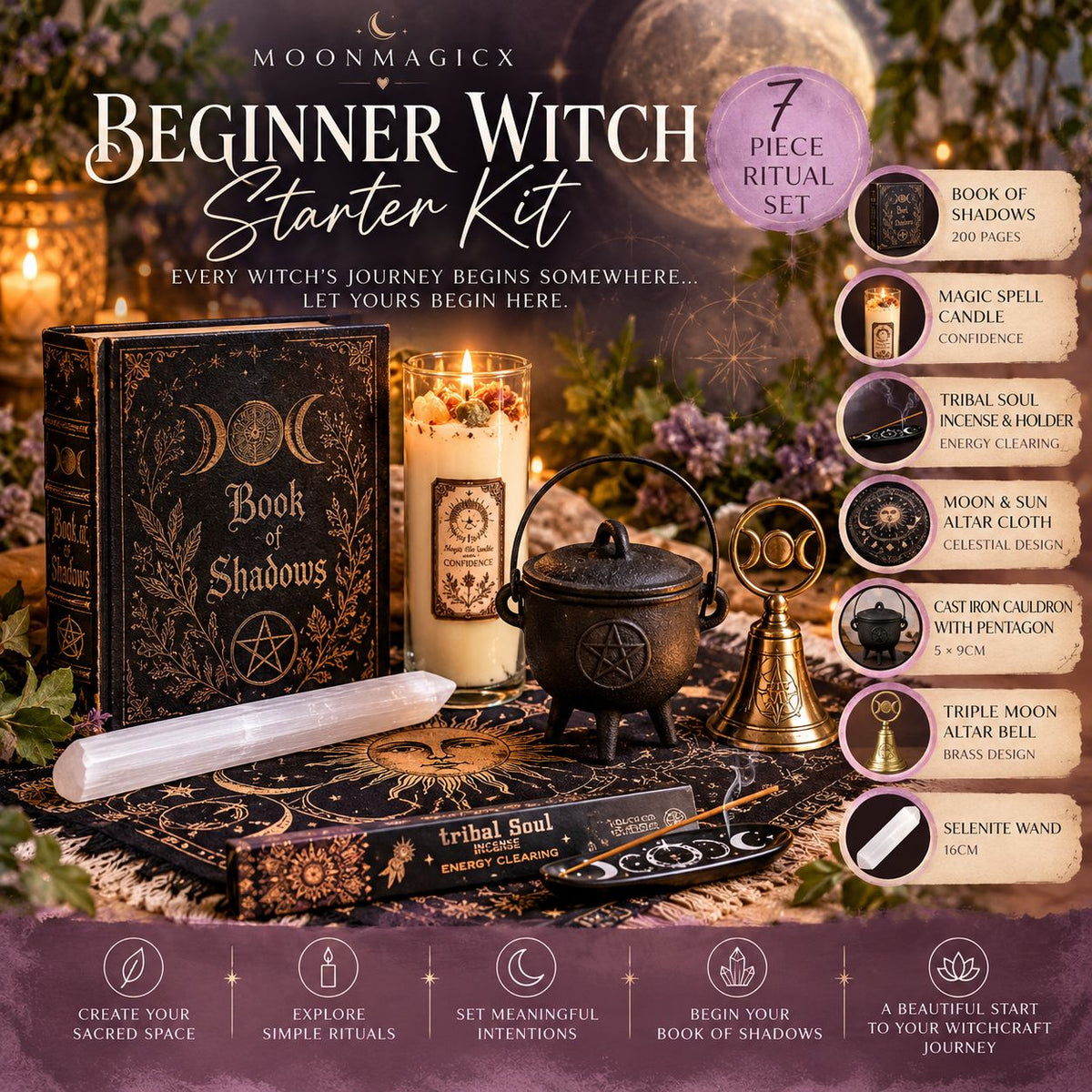 MoonMagicx Beginner Witch Starter Kit | 7-Piece Witchcraft Ritual Set