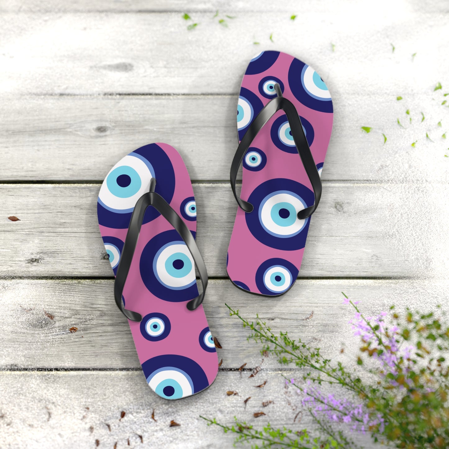 Evil Eye Pattern Flip Flops — Pink & Navy Mediterranean Summer Sandals