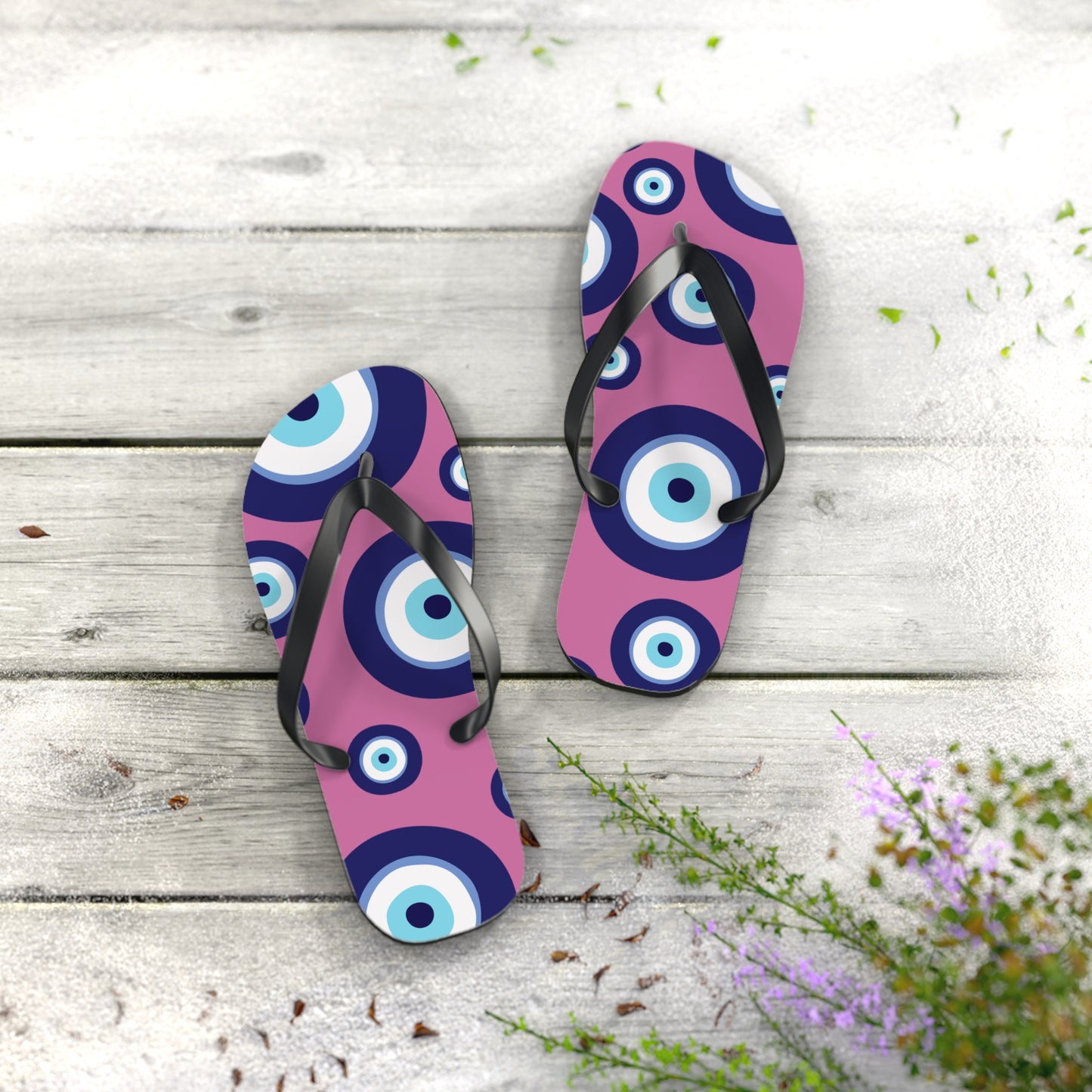 Evil Eye Pattern Flip Flops — Pink & Navy Mediterranean Summer Sandals