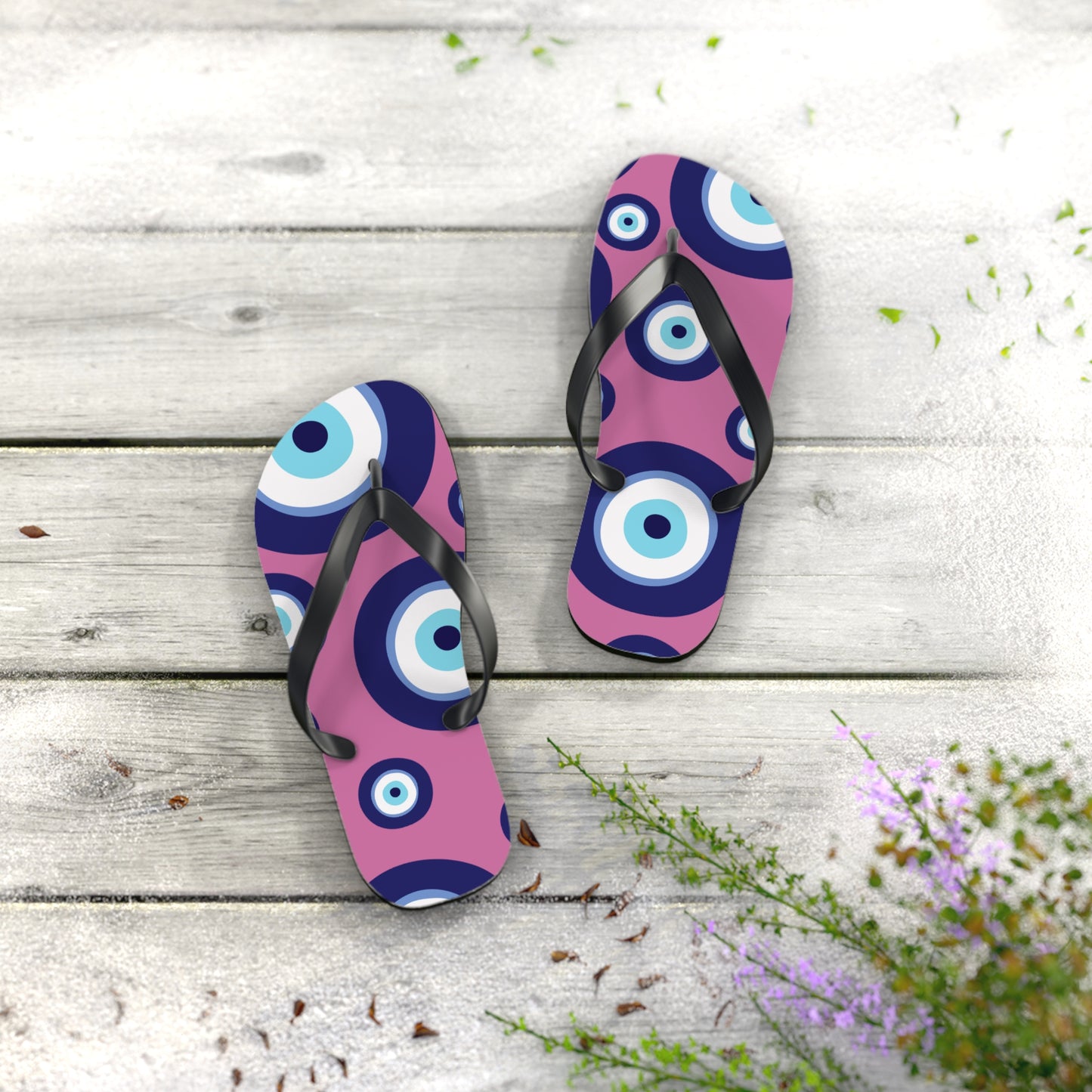 Evil Eye Pattern Flip Flops — Pink & Navy Mediterranean Summer Sandals
