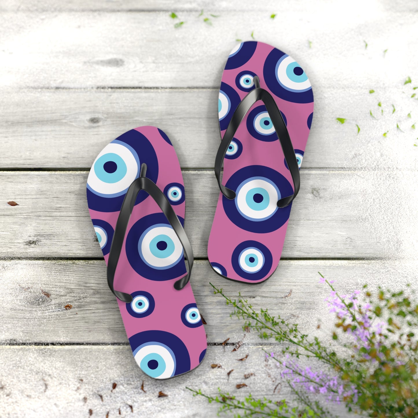 Evil Eye Pattern Flip Flops — Pink & Navy Mediterranean Summer Sandals