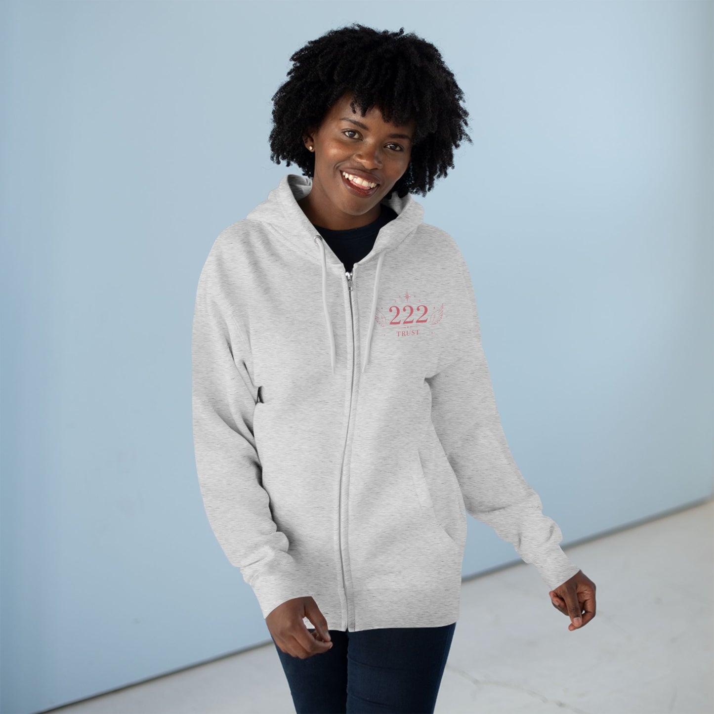 222 Angel Number Zip Hoodie — "Trust the Process" Spiritual Graphic Zip-Up