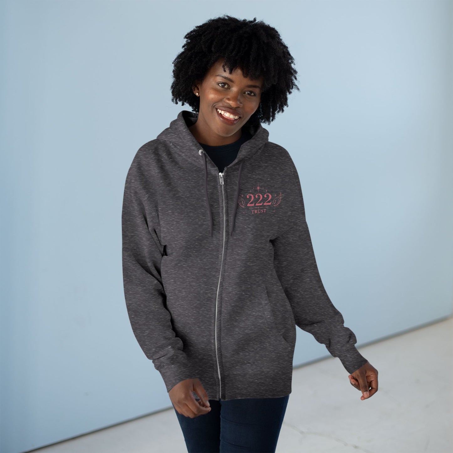 222 Angel Number Zip Hoodie — "Trust the Process" Spiritual Graphic Zip-Up