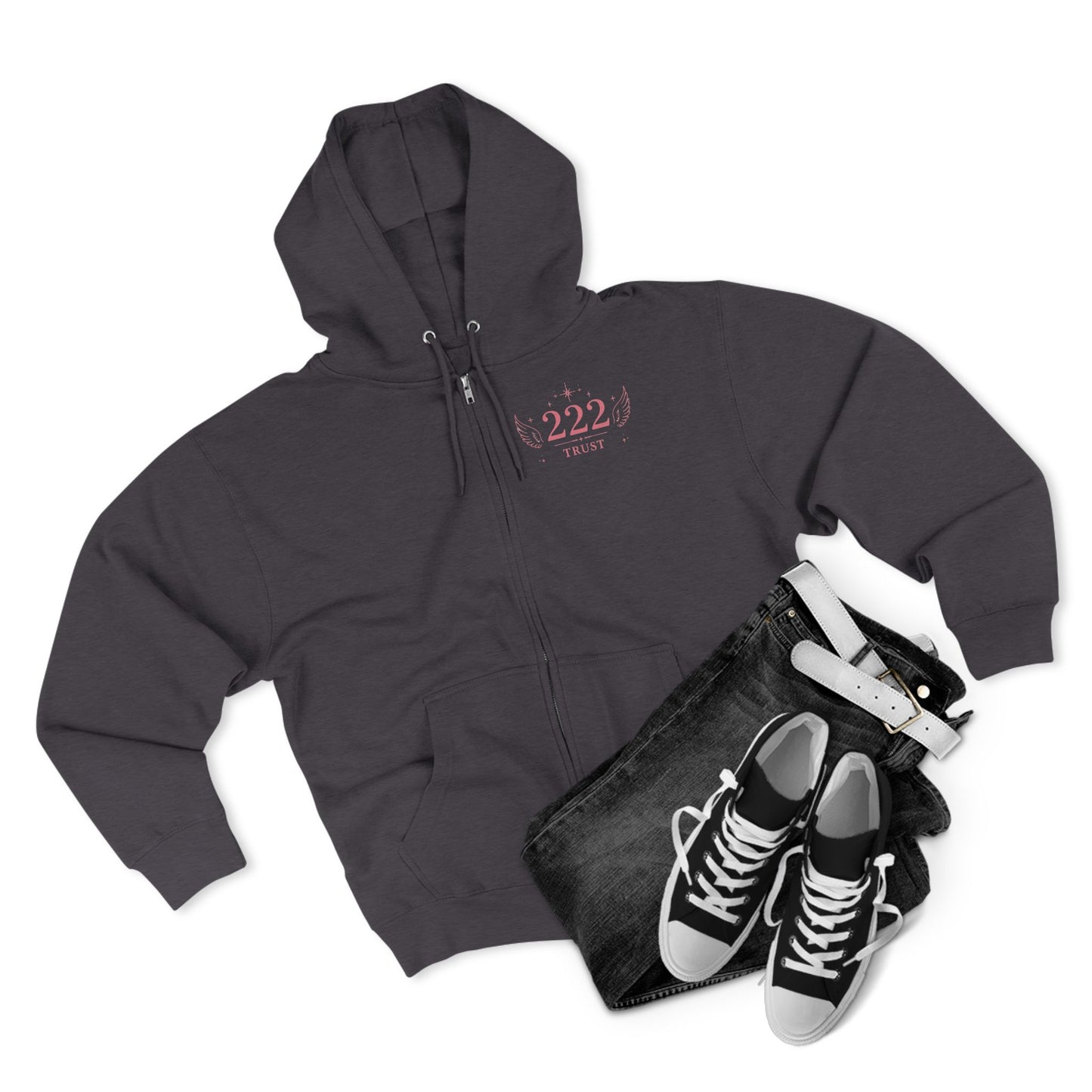 222 Angel Number Zip Hoodie — "Trust the Process" Spiritual Graphic Zip-Up