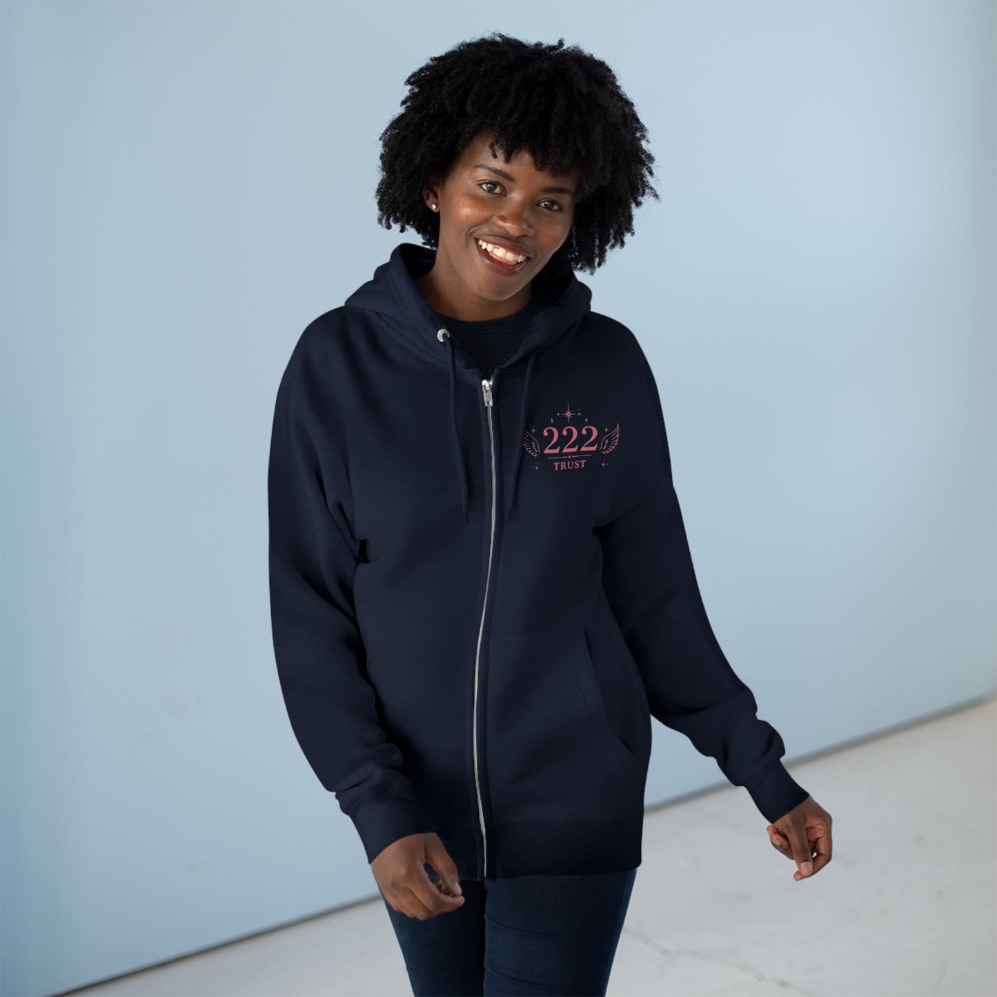 222 Angel Number Zip Hoodie — "Trust the Process" Spiritual Graphic Zip-Up