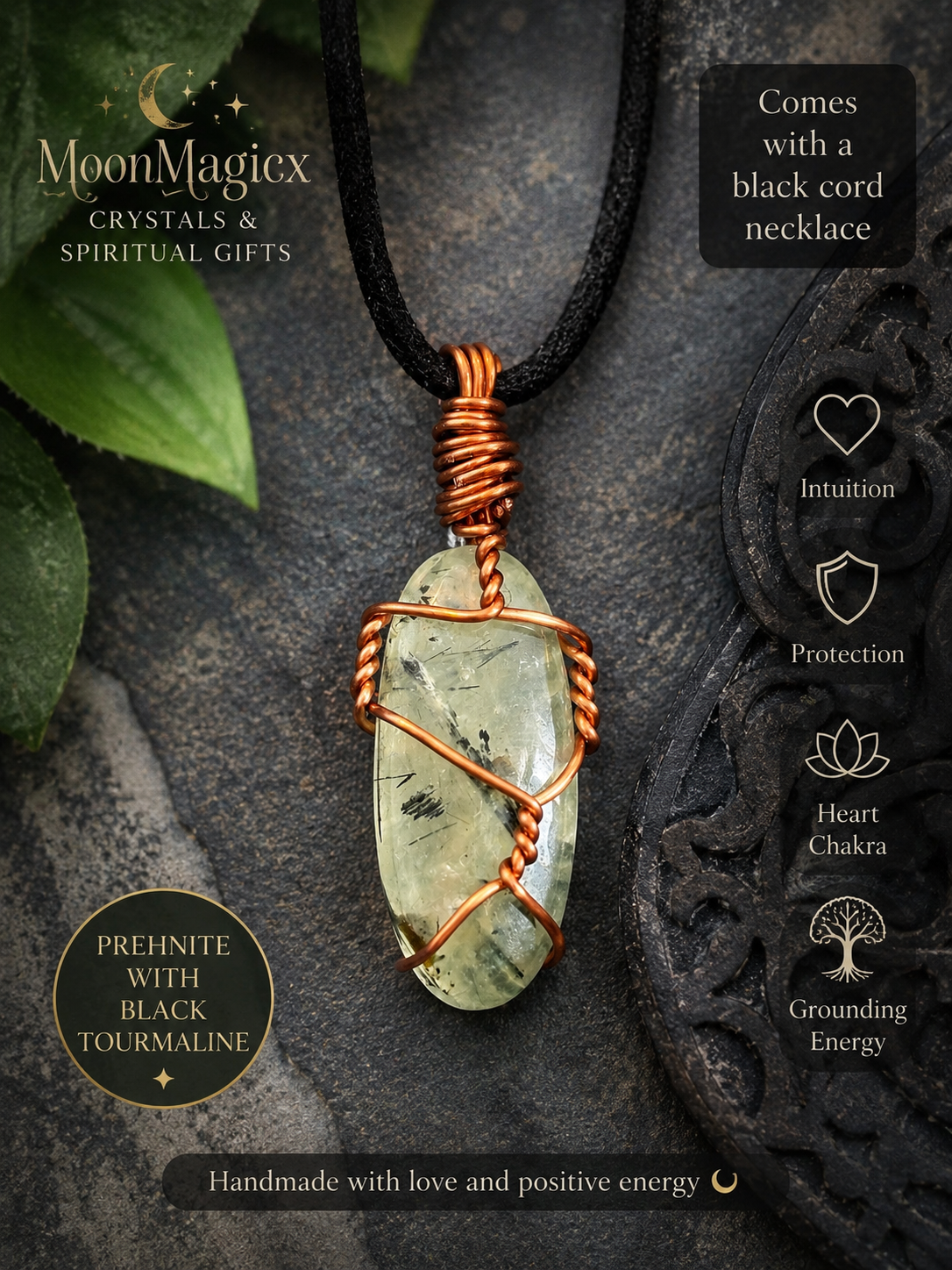 Prehnite with Black Tourmaline Wire Wrapped Pendant