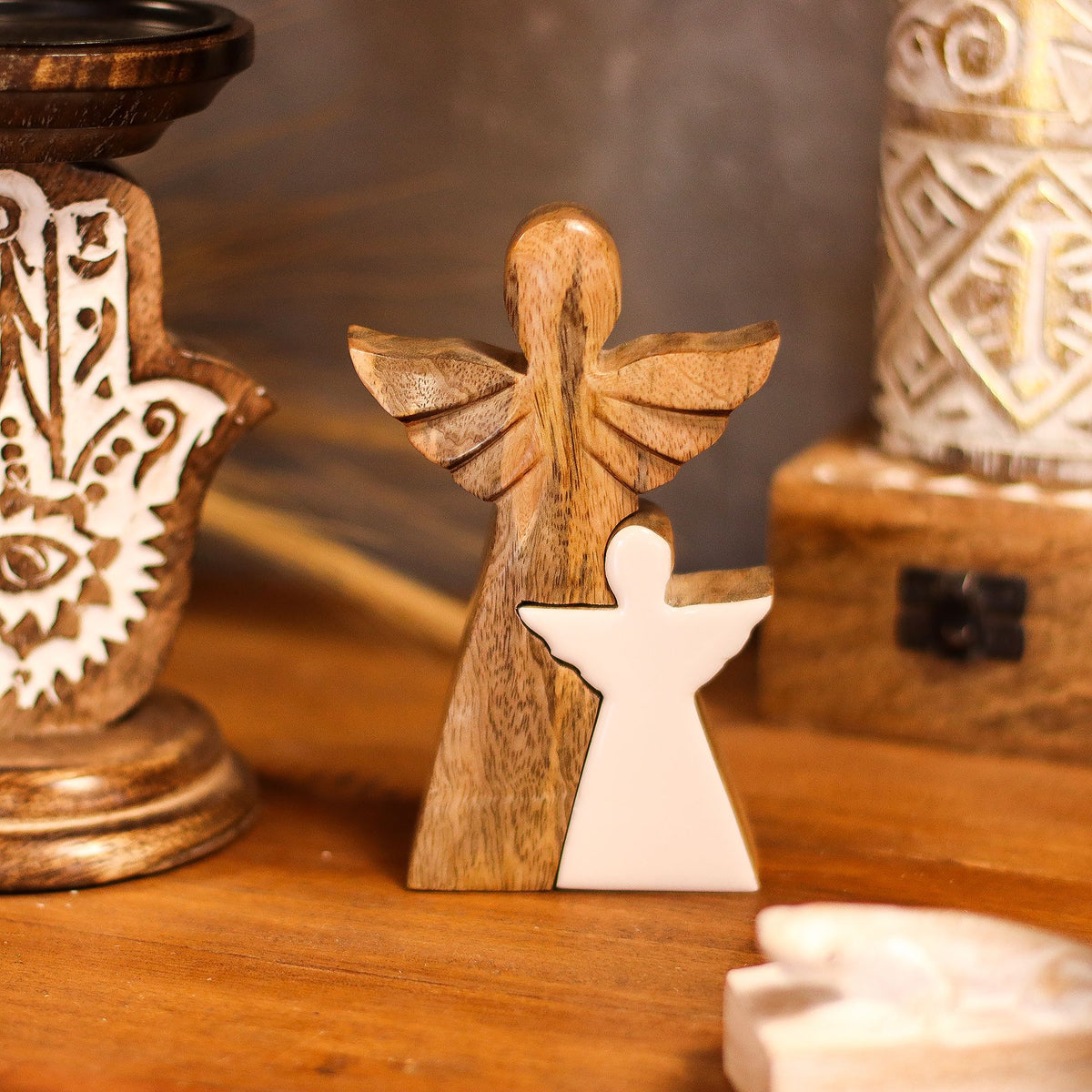 Mango Wood Angel in Angel - White Enamel
