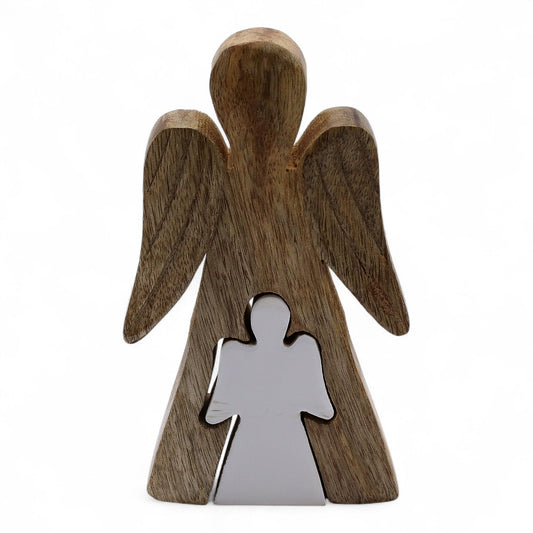 Mango Wood Angel in Angel - White Enamel
