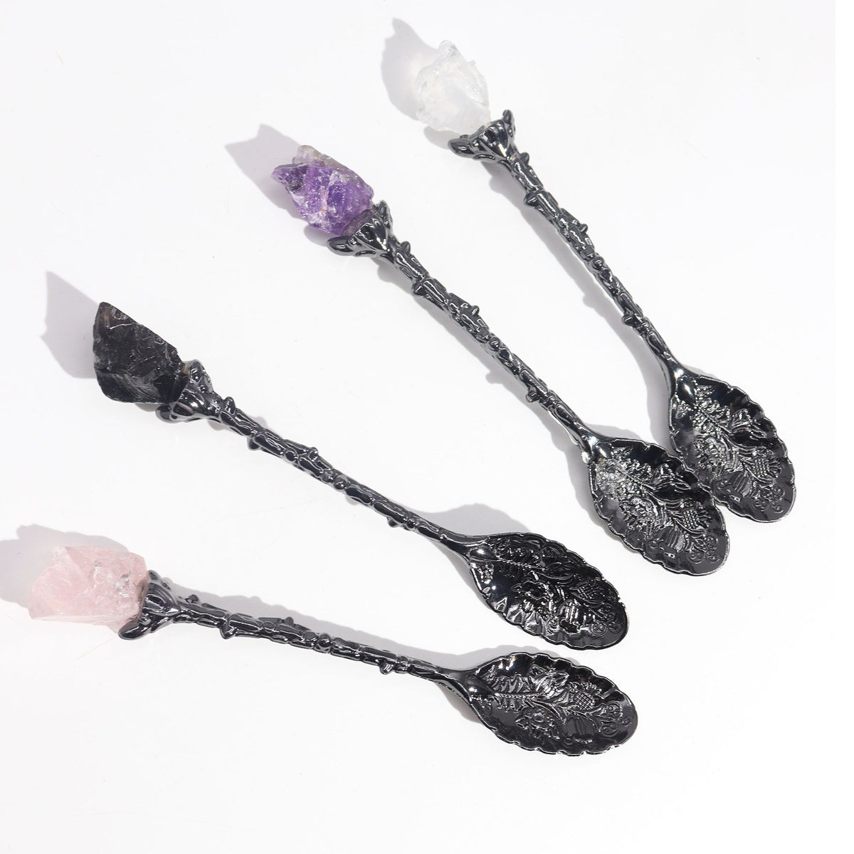 Set of 7 Dark Silver Gemstone Crystal Witch Spoons