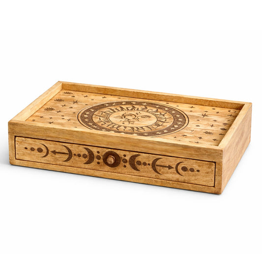 Sun Moon Carved Tarot Box with Drawer