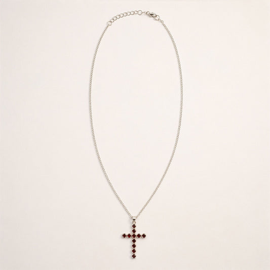 Indian Devotional Pendant - Silver Plated (45cm Chain)- Garnet Crucifix