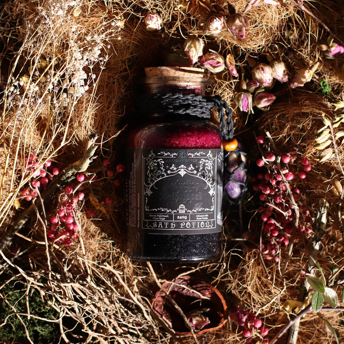 Ancient Witch Bath Spell Potion & Amethyst Crystal Amulet - Seduction