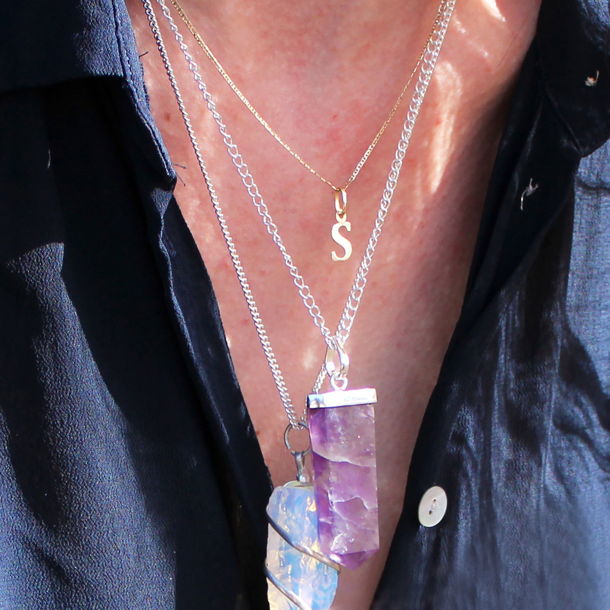 Gemstone Flat Pencil Pendant - Clear Quartz
